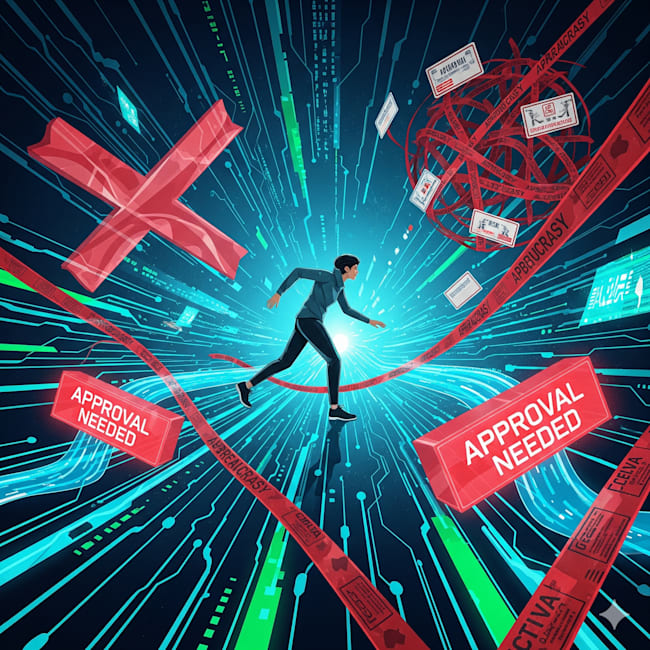 someone running through balls of red tape